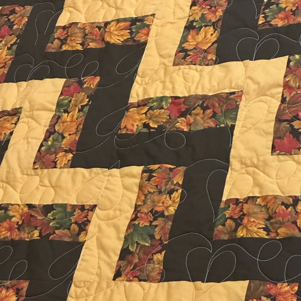 Handmade Autumn Leaf Patchwork Quilt Zig Zag Geometric Gold Black