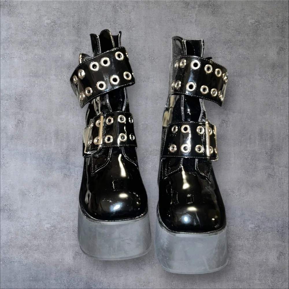 Black Platform Boots‎ with Buckle Detail