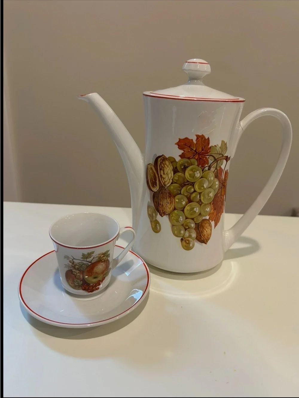 White Porcelain Coffee Pot and Cup Set with Autumn Fruit Design