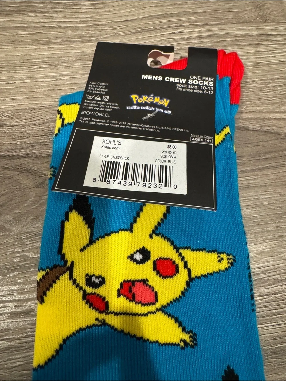 Pokemon Bioworld Pikachu Crew Socks Size 10-13 New With Tags - Blue & Red