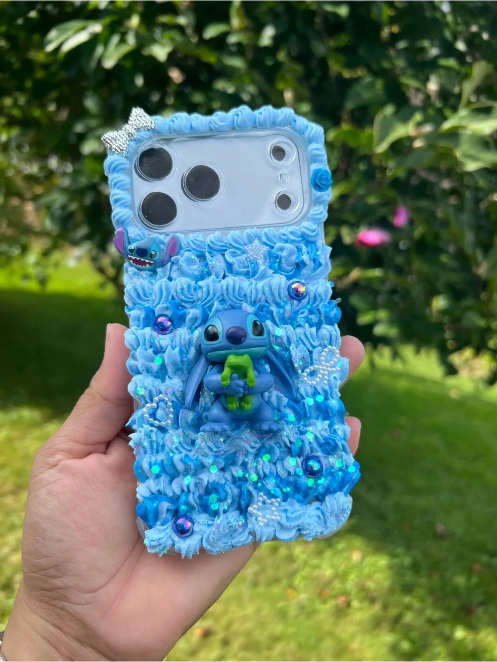 Disney Blue 3D Stitch Decorative Phone Case with Glitter Accents