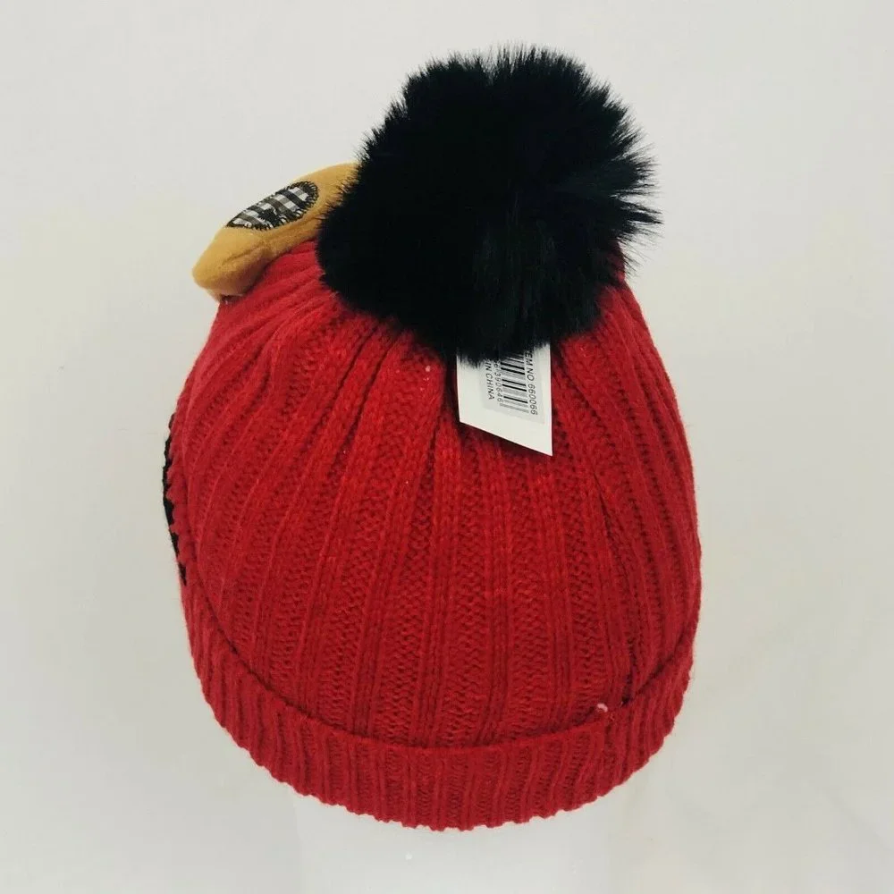 Kids Knit Beanie Pom Fleece‎ Lining Plush On Front-