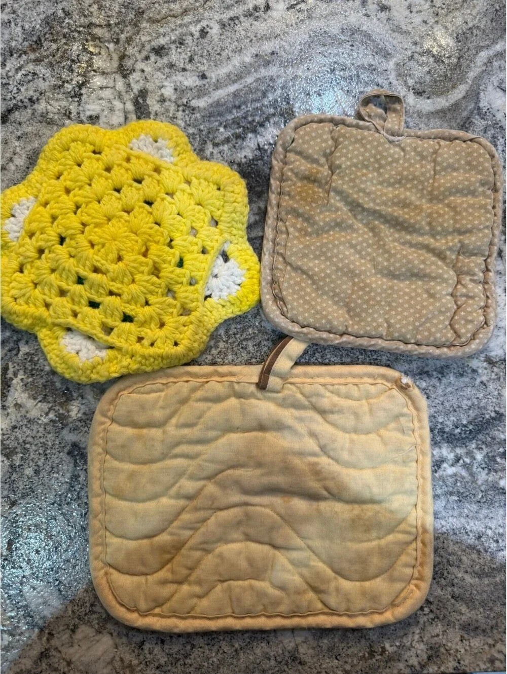 Set of 3 Vintage Kitchen Pot Holders with Floral and Crochet Designs