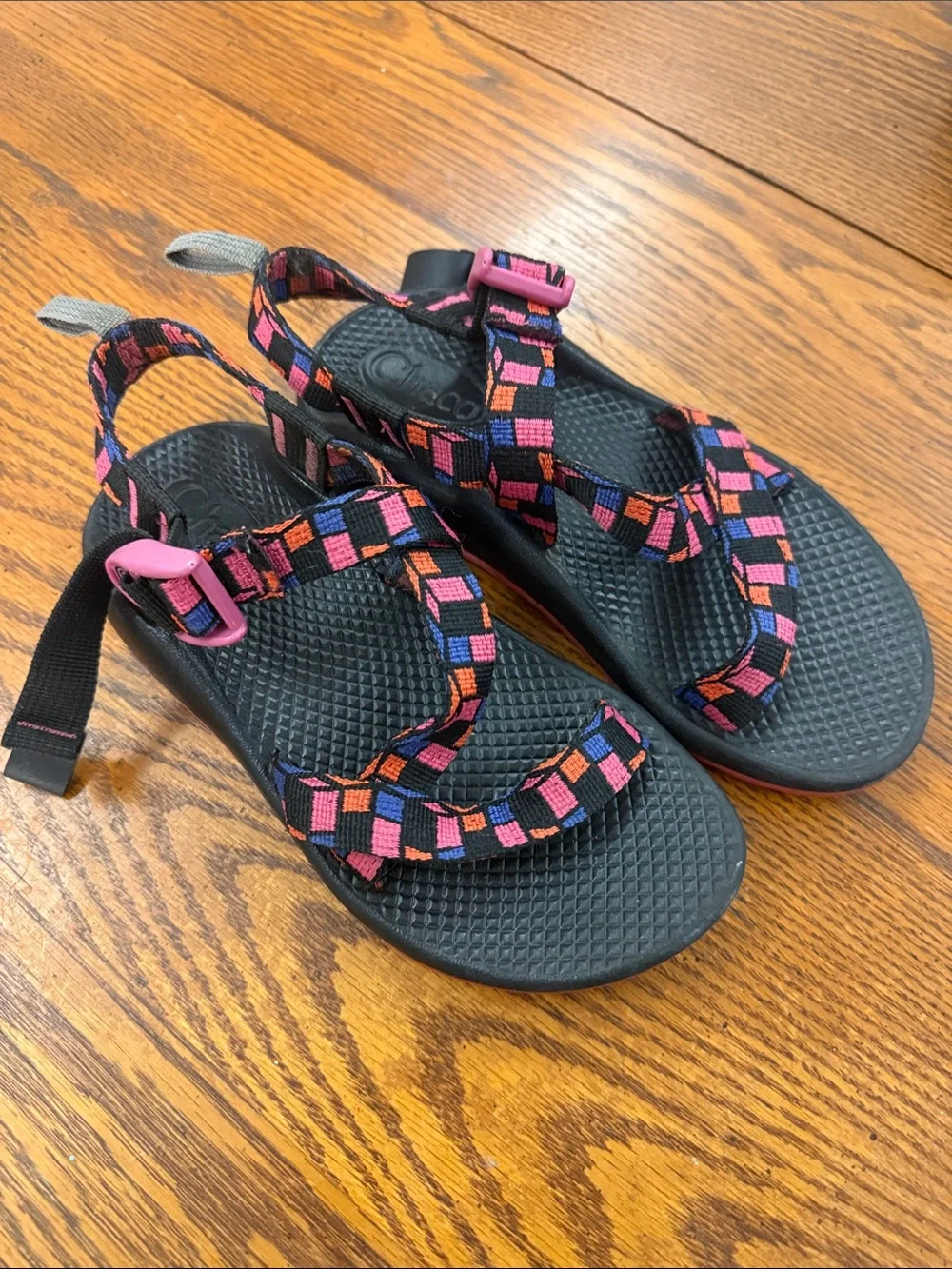Chaco Kids Black Sandals with Pink, Orange & Blue Pattern