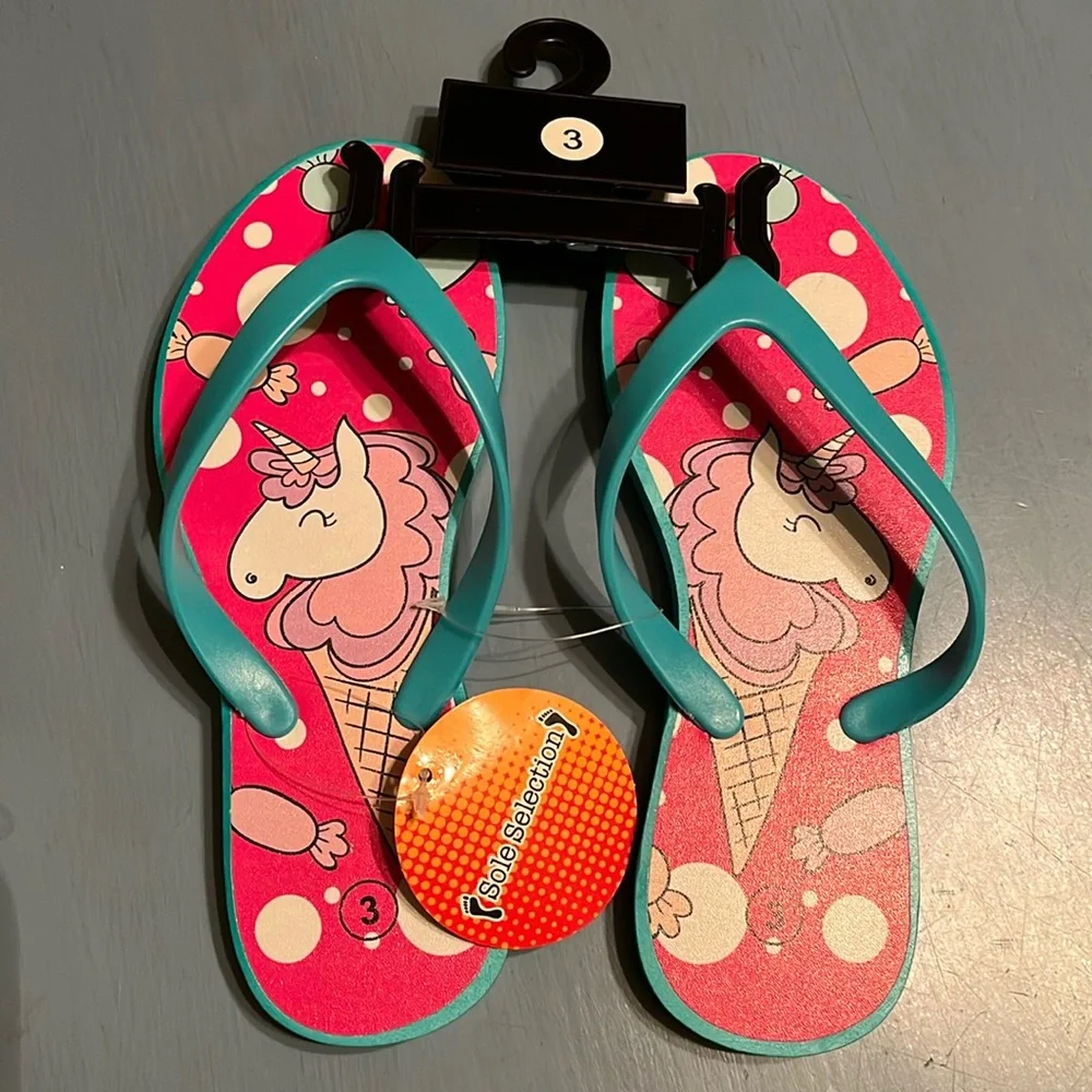 Quality FLIP FLOPS-Unicorn Ice Cream Cone, little girls sz 3,Sole Selection NWT