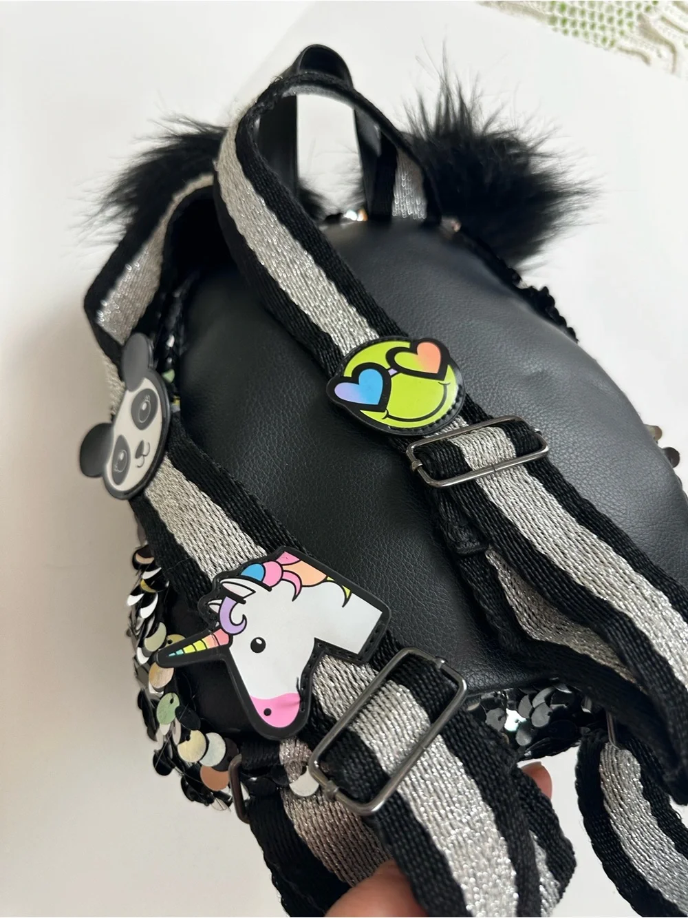 Justice Black & Silver Sequin Mini Backpack with Fur Ears