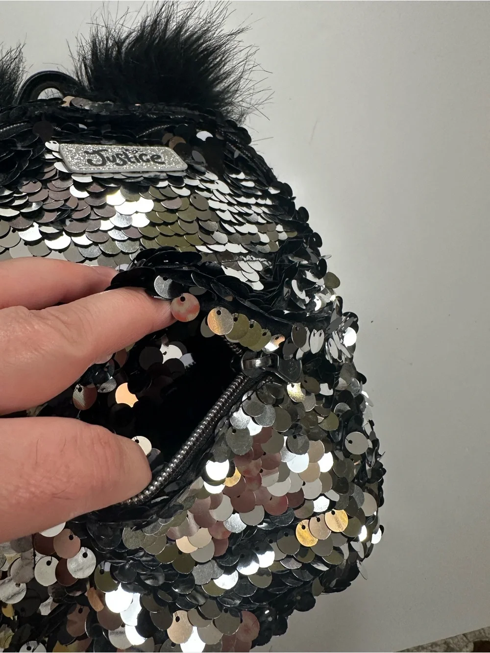 Justice Black & Silver Sequin Mini Backpack with Fur Ears