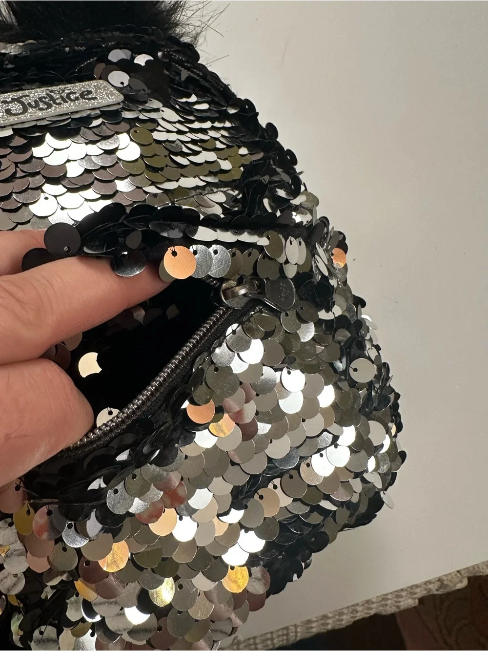 Justice Black & Silver Sequin Mini Backpack with Fur Ears