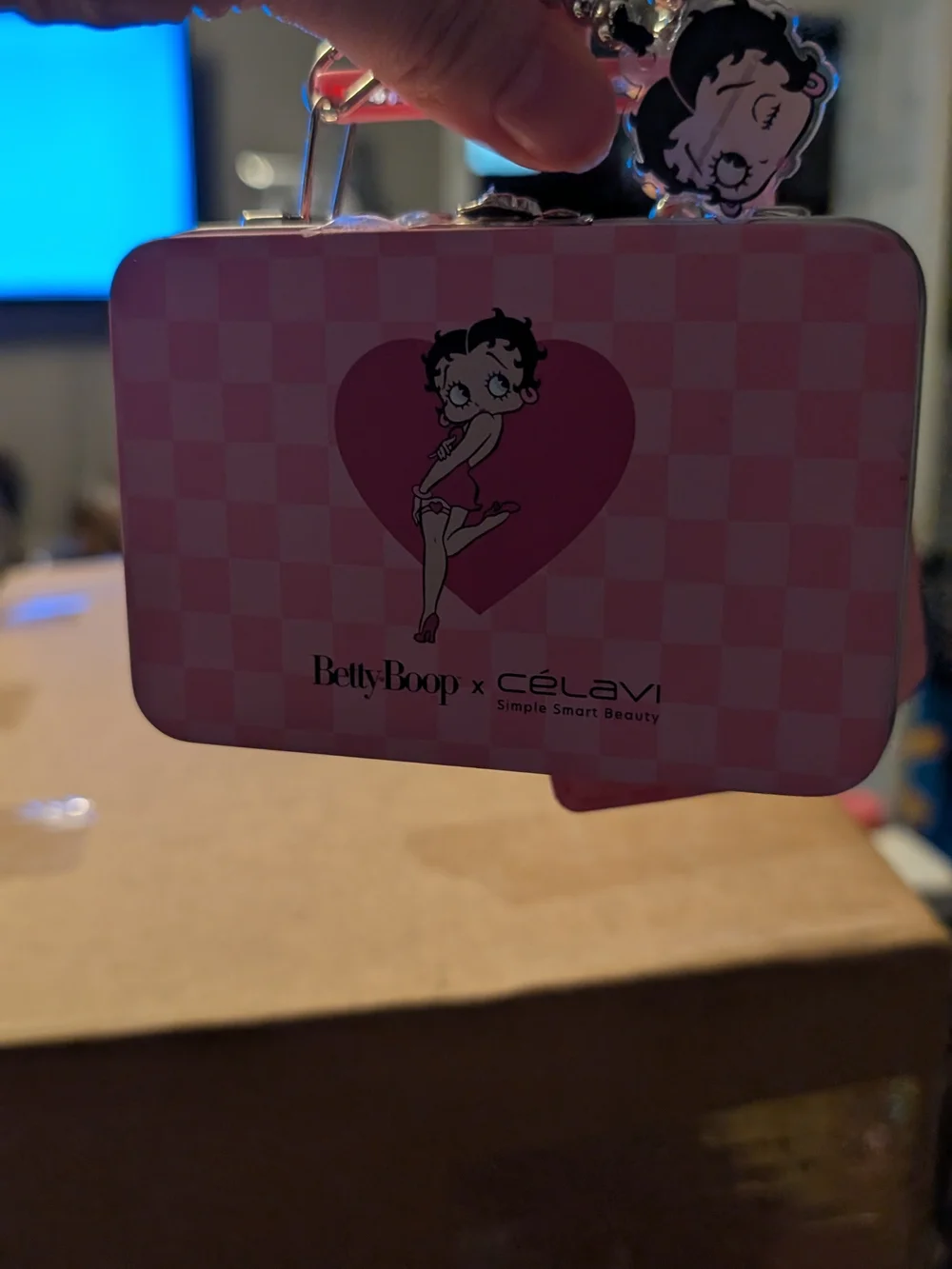 New Small Betty Boop Pink Checker Cosmetic Case with Heart Graphic