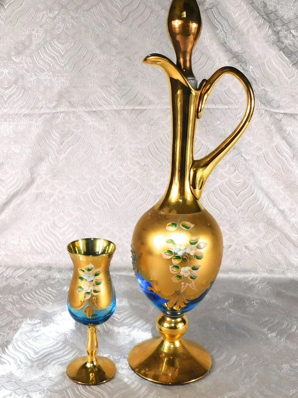 Blue Glass Decorative Decanter with Six Matching Glasses # 27780