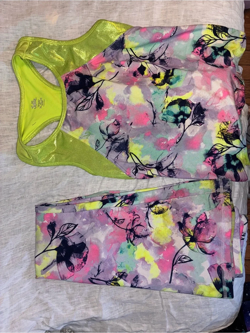 Justice Neon Green Floral Print Kids One-Piece Active Bodysuit