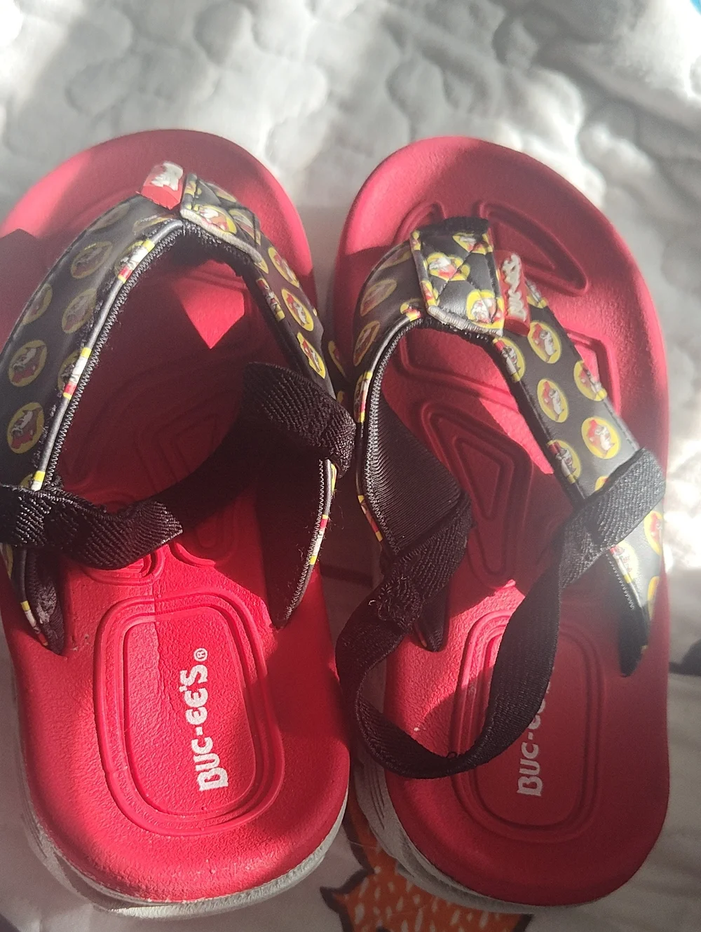 Kids Red Slide Sandals with Patterned Black Straps