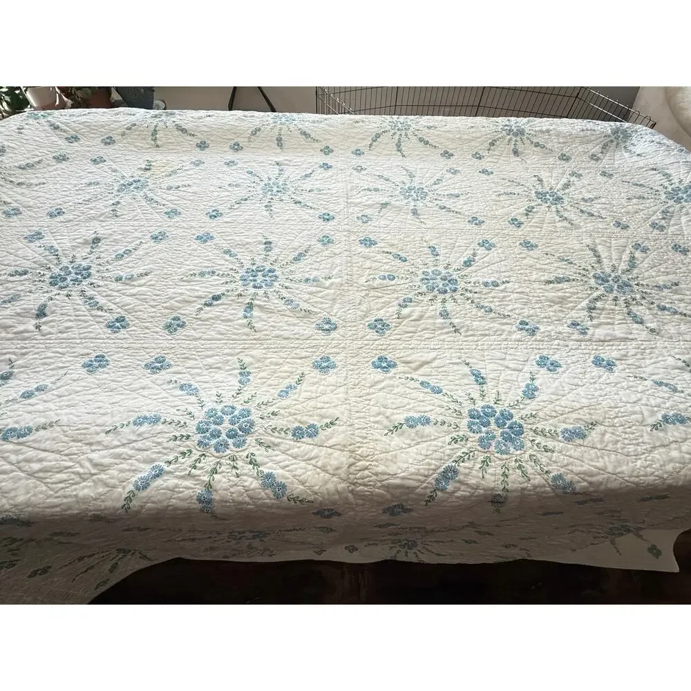 Cutter Quilt Blue Floral Painted Design Hand Quilted Vintage Crafts Fabric 75x92