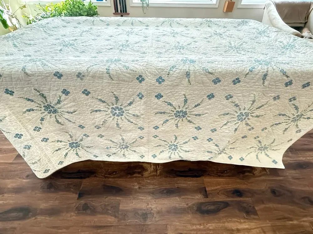 Cutter Quilt Blue Floral Painted Design Hand Quilted Vintage Crafts Fabric 75x92