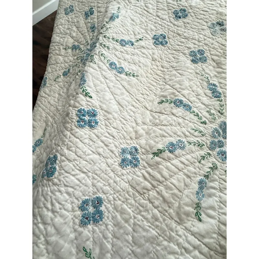 Cutter Quilt Blue Floral Painted Design Hand Quilted Vintage Crafts Fabric 75x92