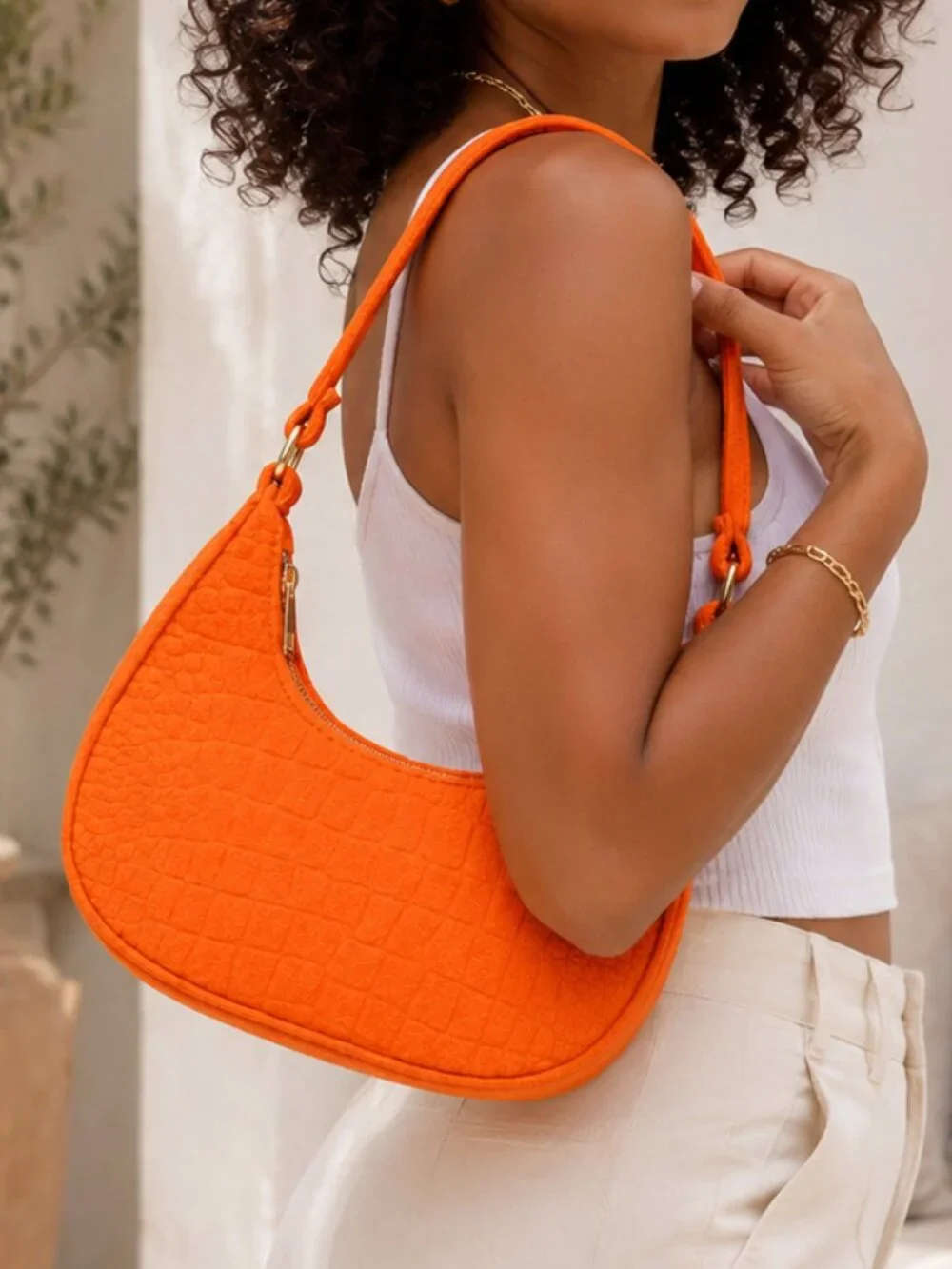 Orange Croc Embossed Felt‎ Crescent Shoulder Bag Gold Hardware Mini Hobo NEW