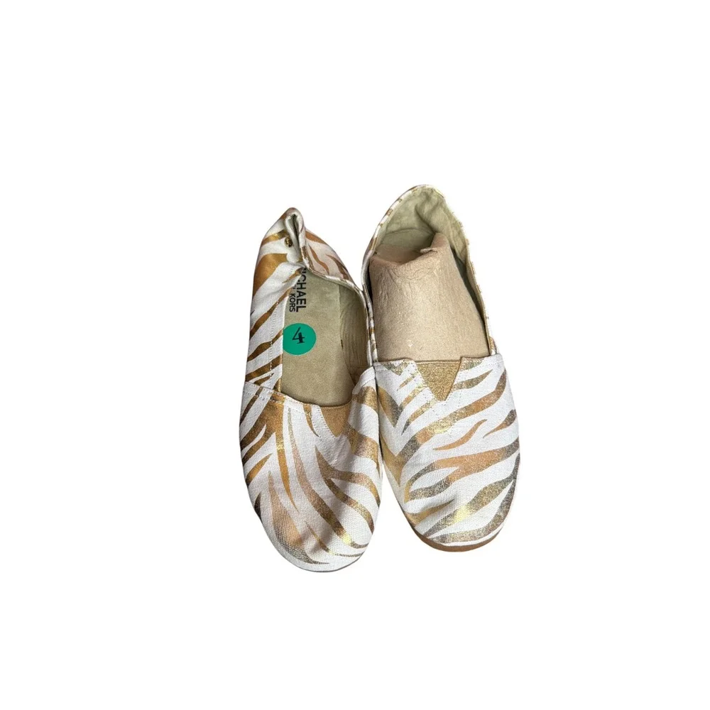 Michael Kors Gold Zebra Print Canvas Slip On Flats White Metallic Shoes Size 4