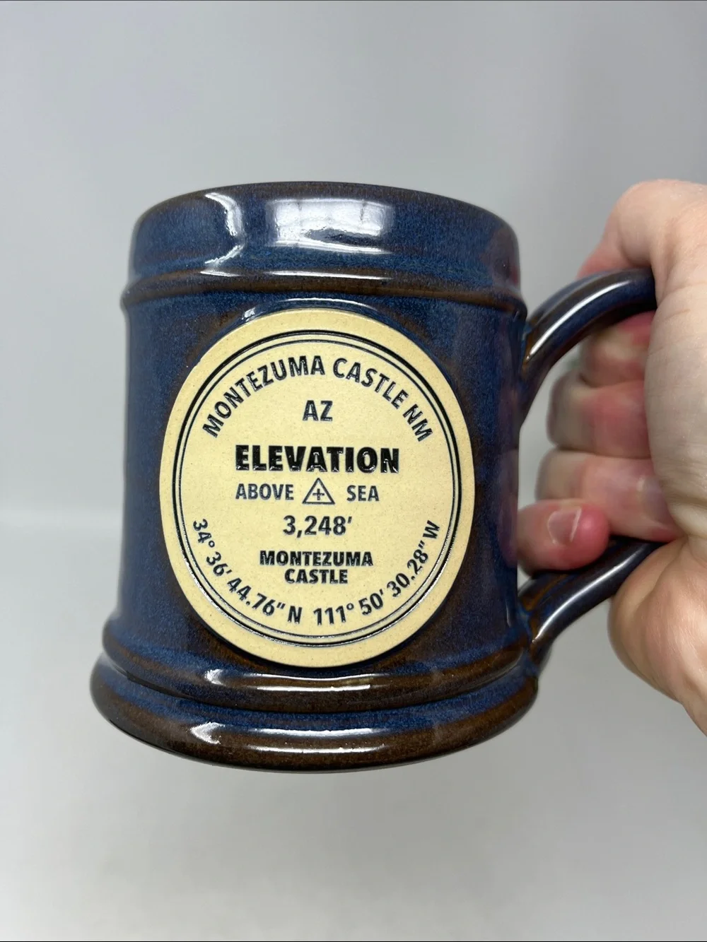 DENEEN POTTERY BLUE BROWN GLAZED MUG MONTEZUMA CASTLE INN AZ 8-10oz