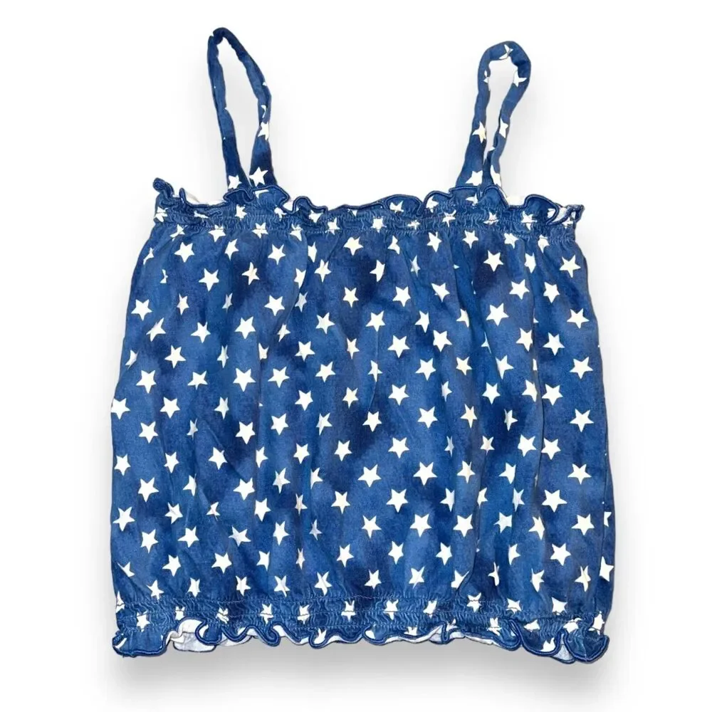 Old Navy Girls Tank Top Shirt Smocked Star Print Blue White Festive Large 10 12