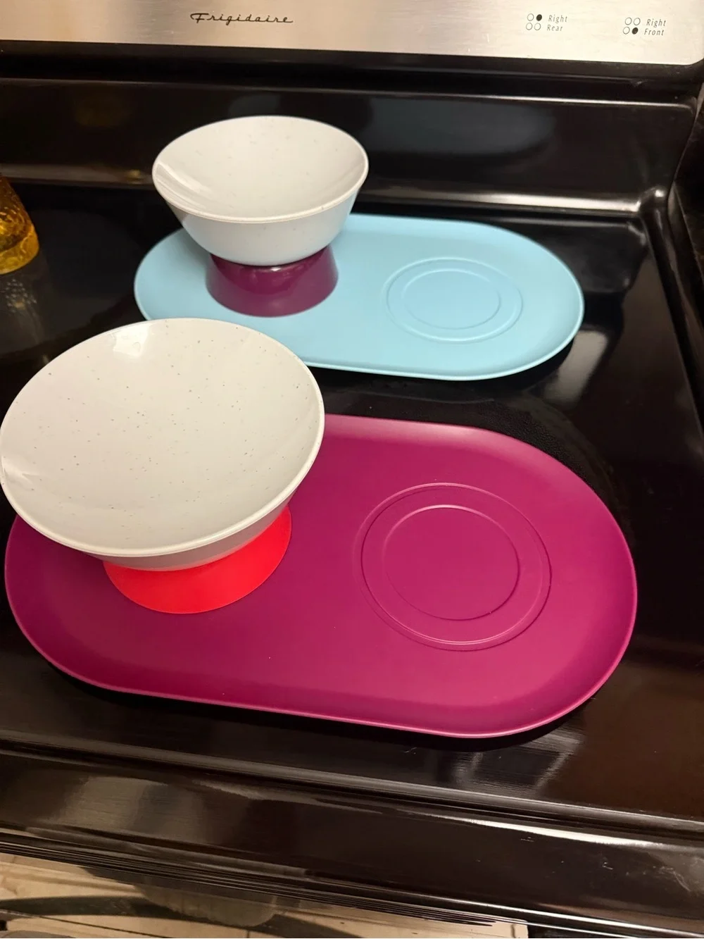 Set of Two Oval Trays with White Speckled Bowls - Blue & Magenta