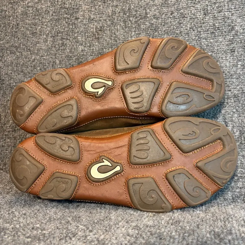 OluKai Mens 9.5 Moloa Brown Leather Slip On Shoes Drop In Heel Loafer Mules