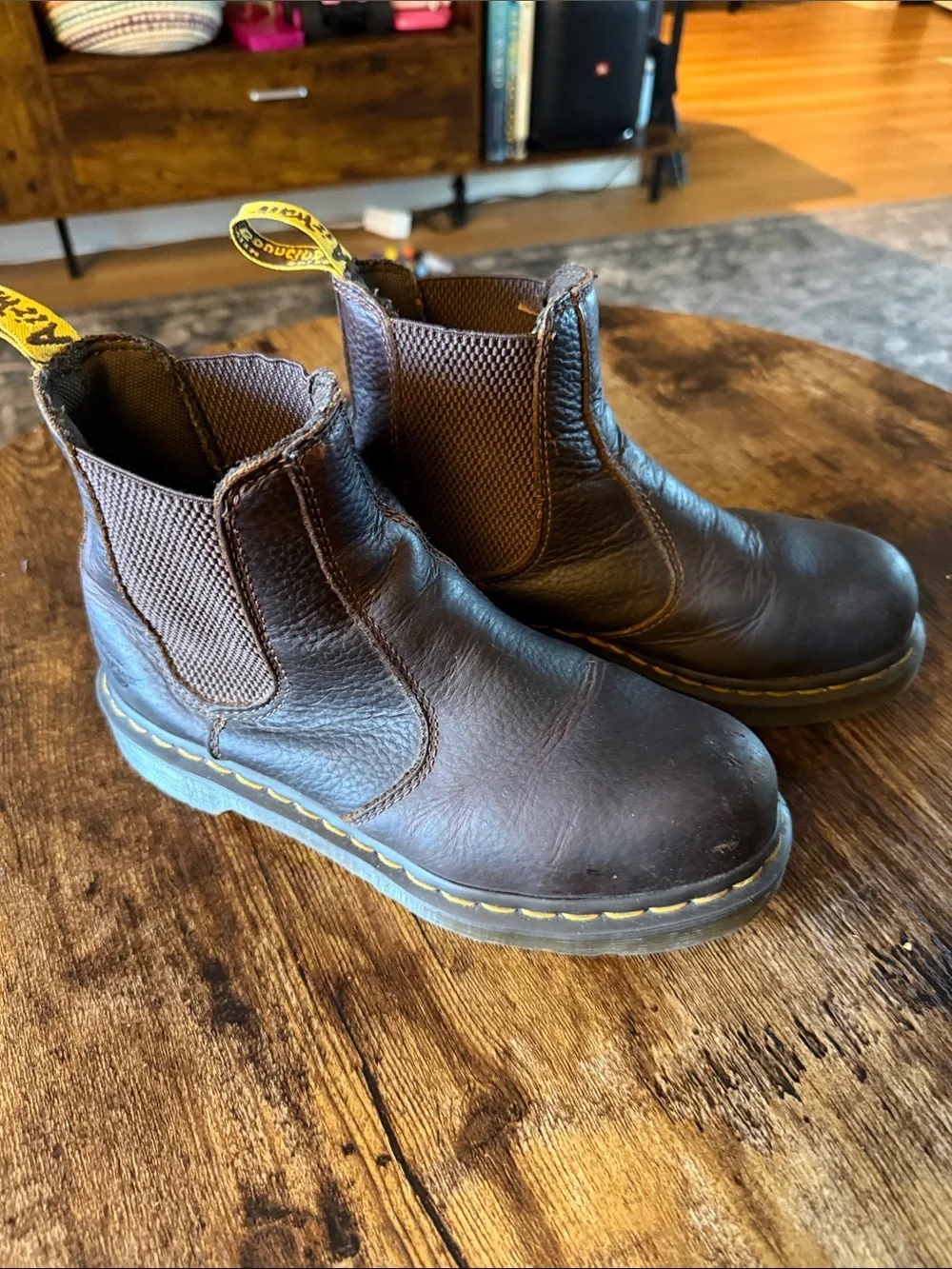 Dr. Martens Brown Leather Steel Toe Industrial Boots with Yellow Stitching