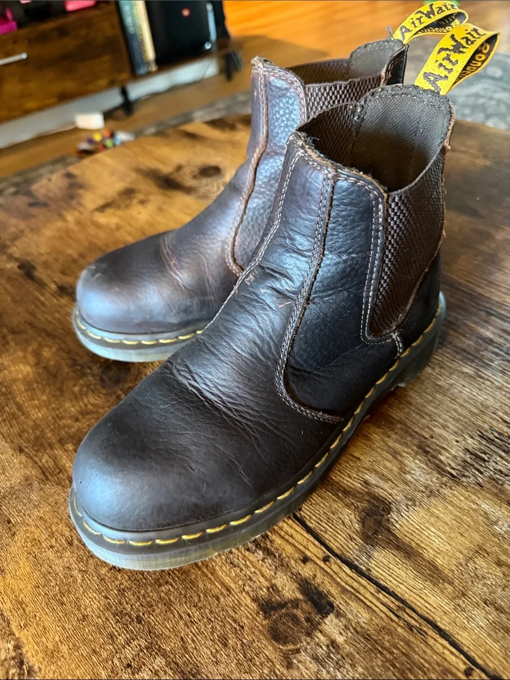 Dr. Martens Brown Leather Steel Toe Industrial Boots with Yellow Stitching
