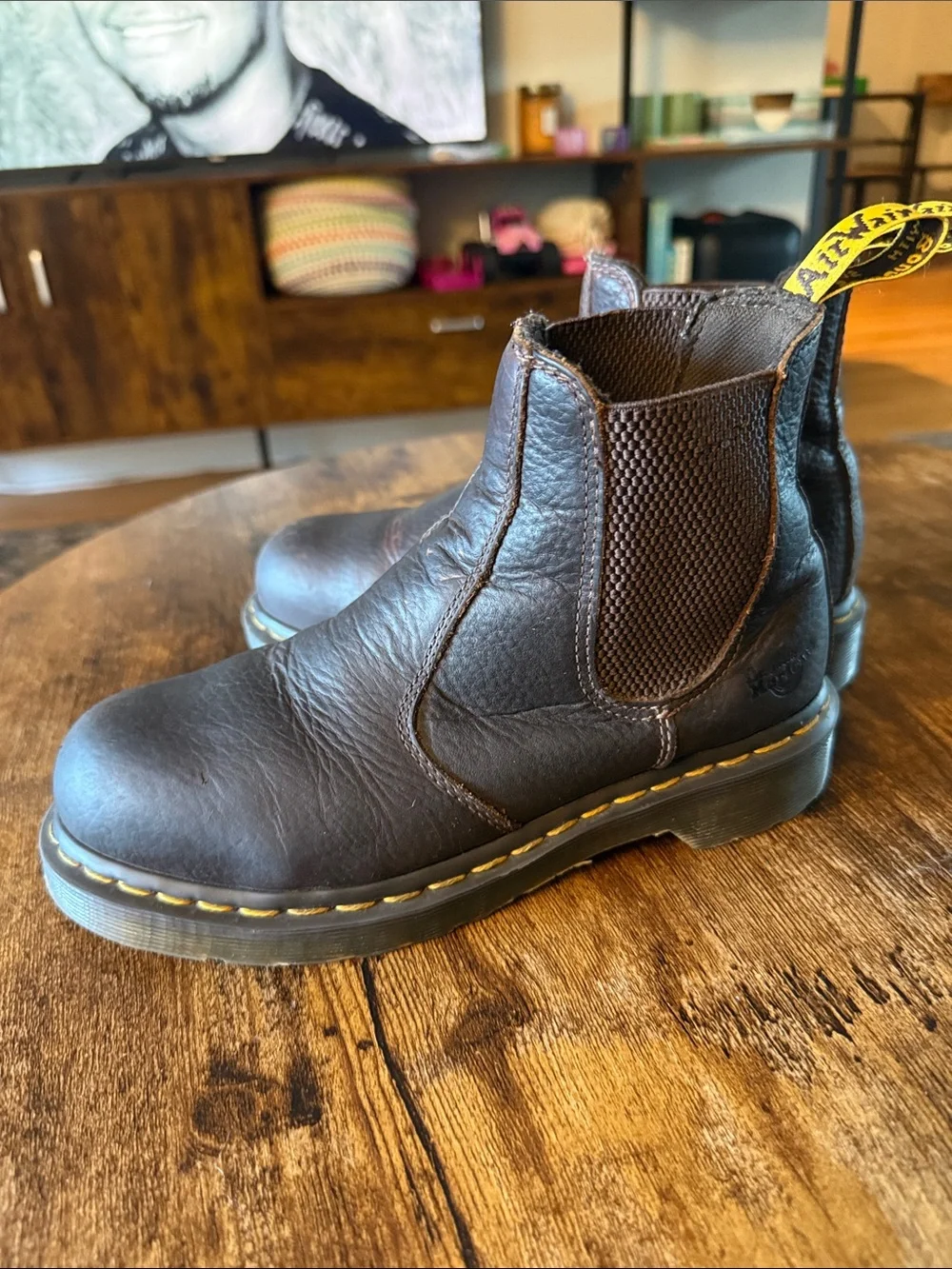 Dr. Martens Brown Leather Steel Toe Industrial Boots with Yellow Stitching