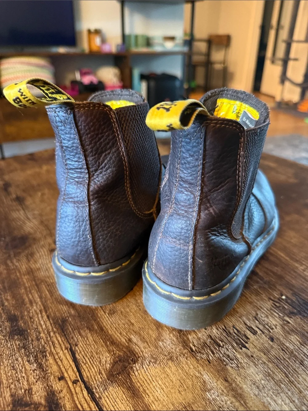 Dr. Martens Brown Leather Steel Toe Industrial Boots with Yellow Stitching