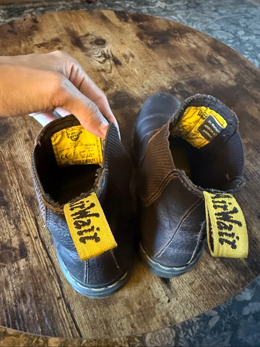 Dr. Martens Brown Leather Steel Toe Industrial Boots with Yellow Stitching