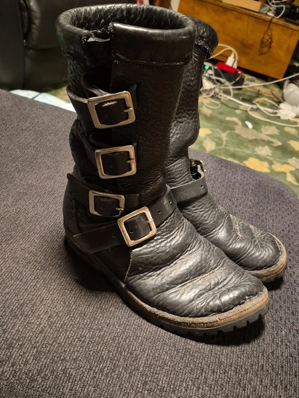 Men's Black Leather Buckle Strap Moto Boots
