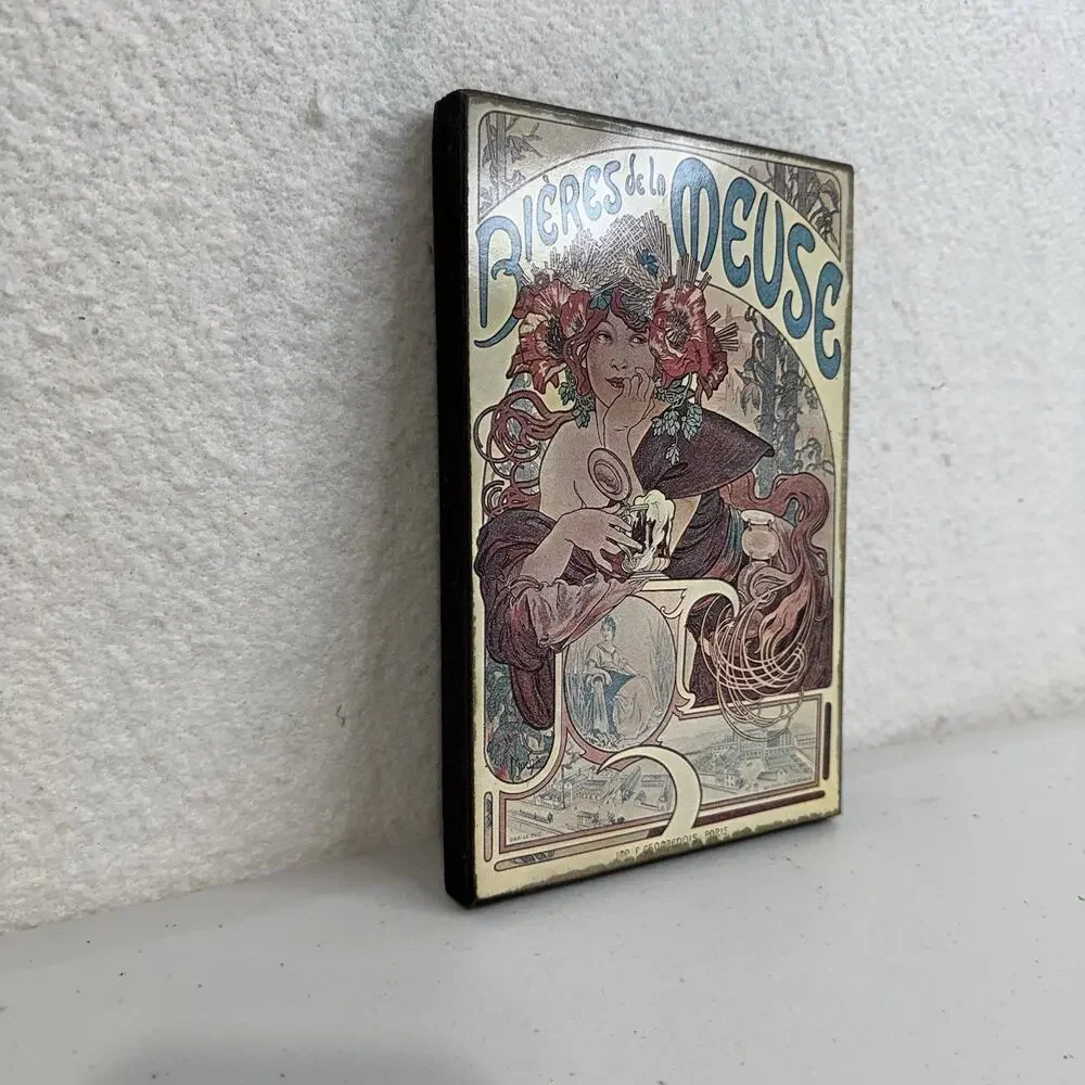 Art Nouveau Paris BIERES de la MEUSE by Alphonse Mucha Hard Pressed Board 9”x 6”