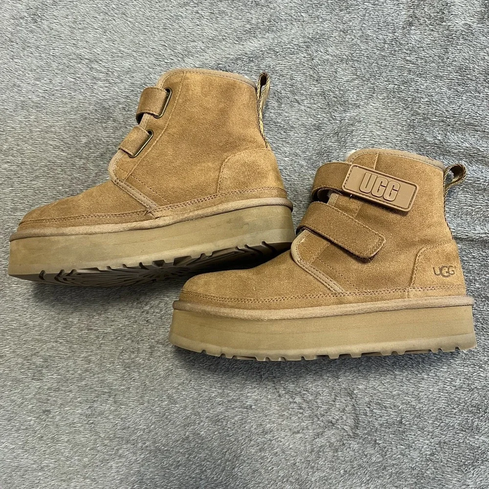 UGG Neumel Platform Boots Chestnut Brown Suede Strap Youth 4/ Women 5.5-6