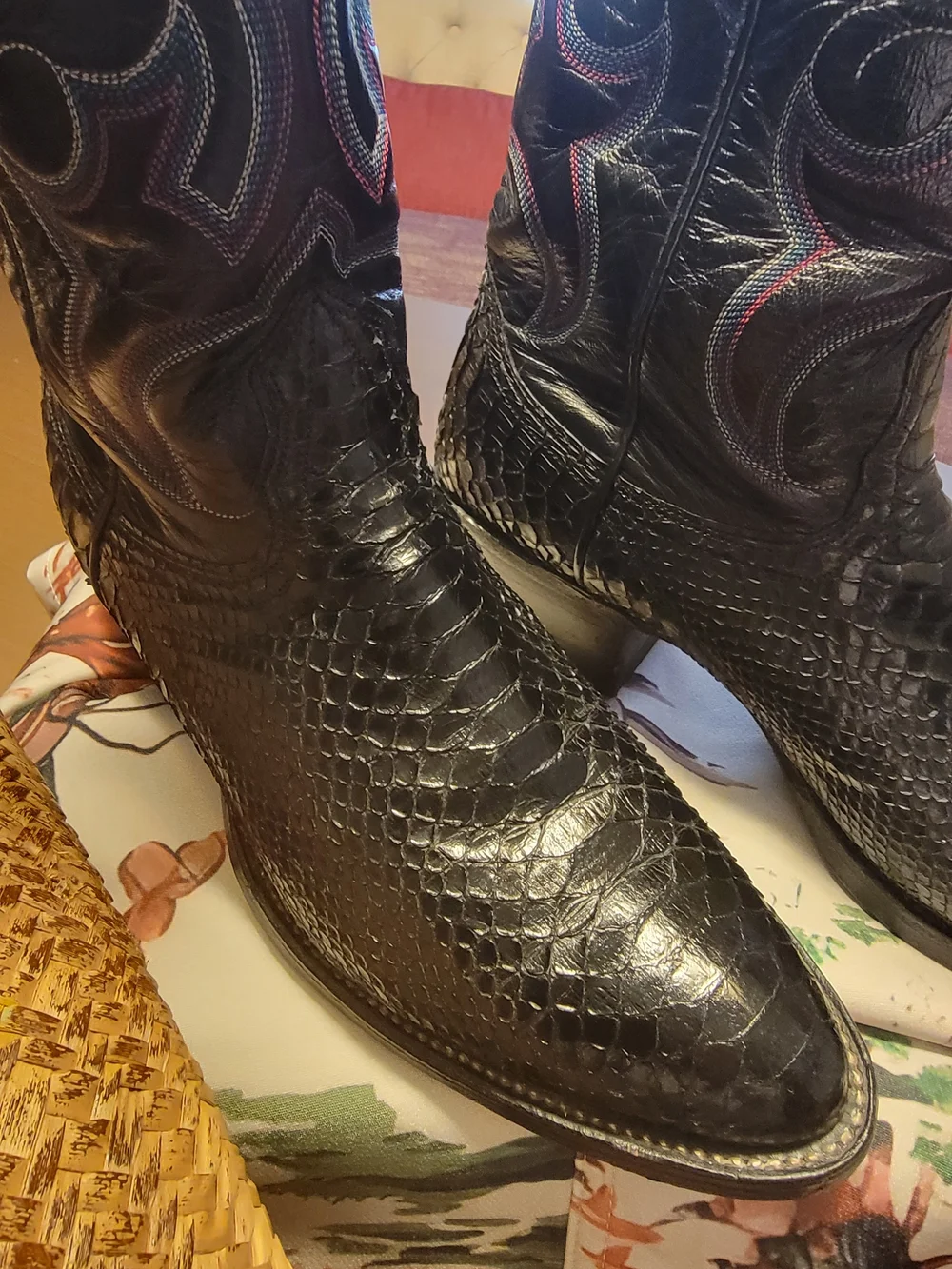 Black Western Snakeskin Cowboy Boots with Embroidered Accent -