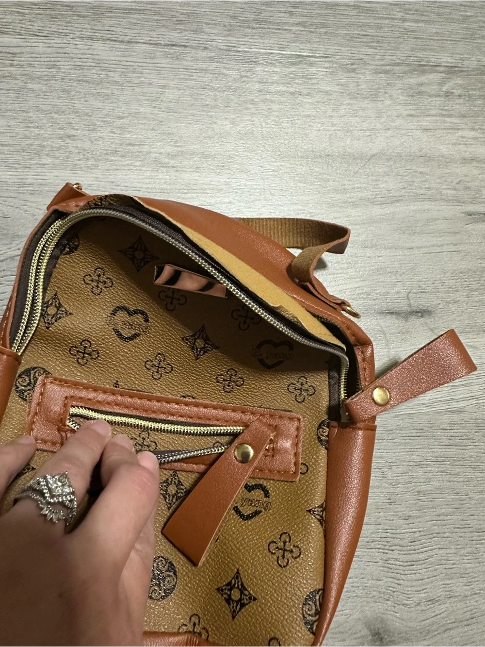 Women's Brown Monogram Crossbody Backpack - Stylish Tan Accent