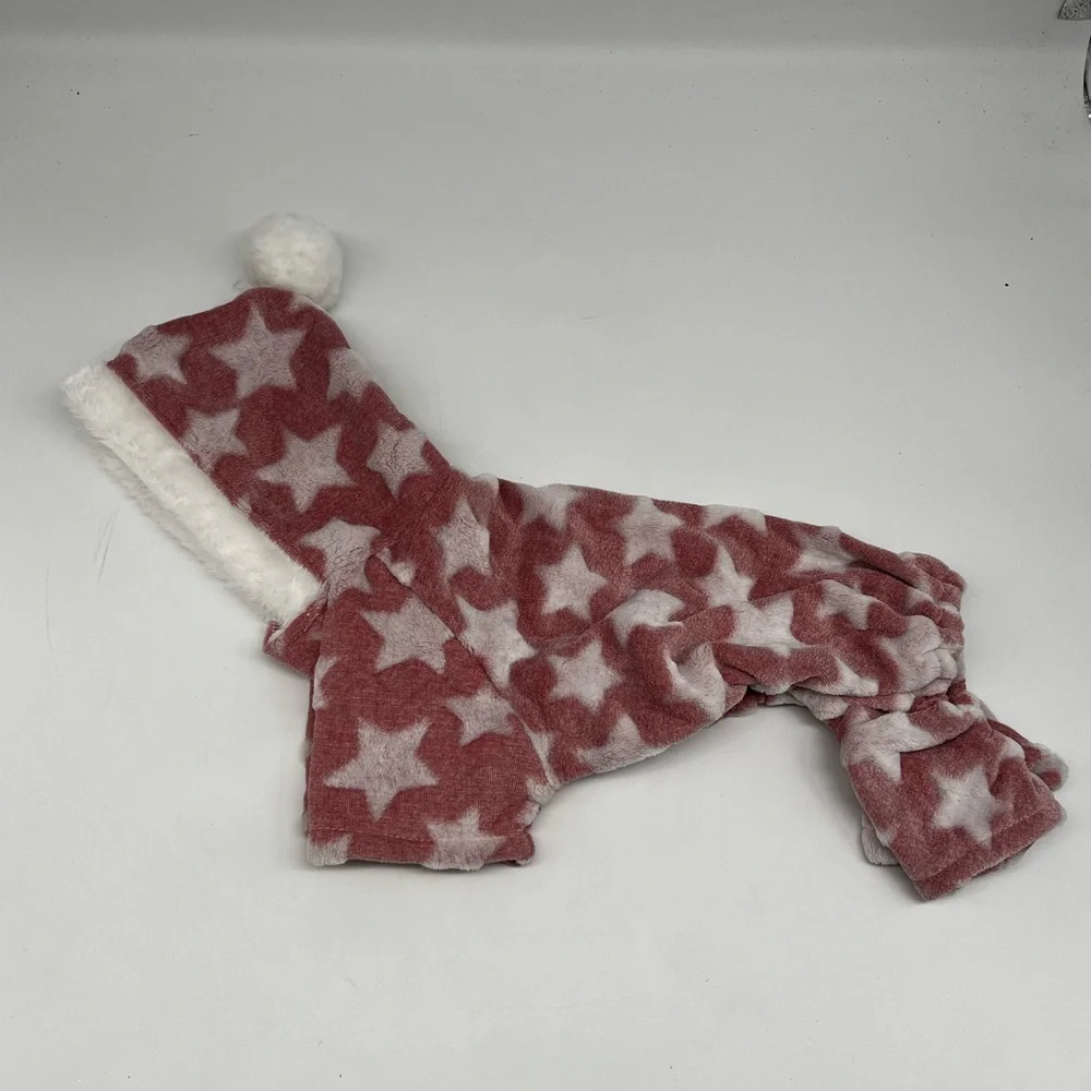 Barkley & Finn Soft Fuzzy Fleece Hooded Dog Pajamas Pink with Stars PomPom Small