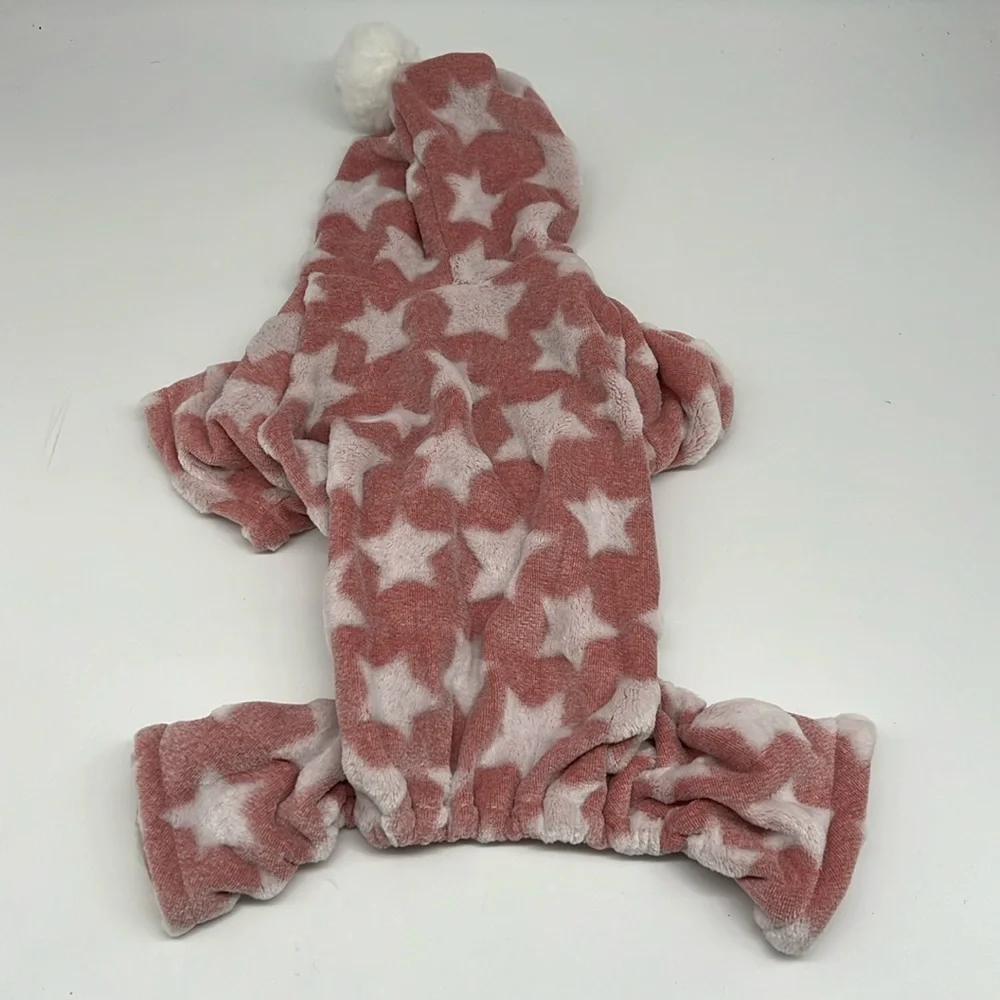 Barkley & Finn Soft Fuzzy Fleece Hooded Dog Pajamas Pink with Stars PomPom Small