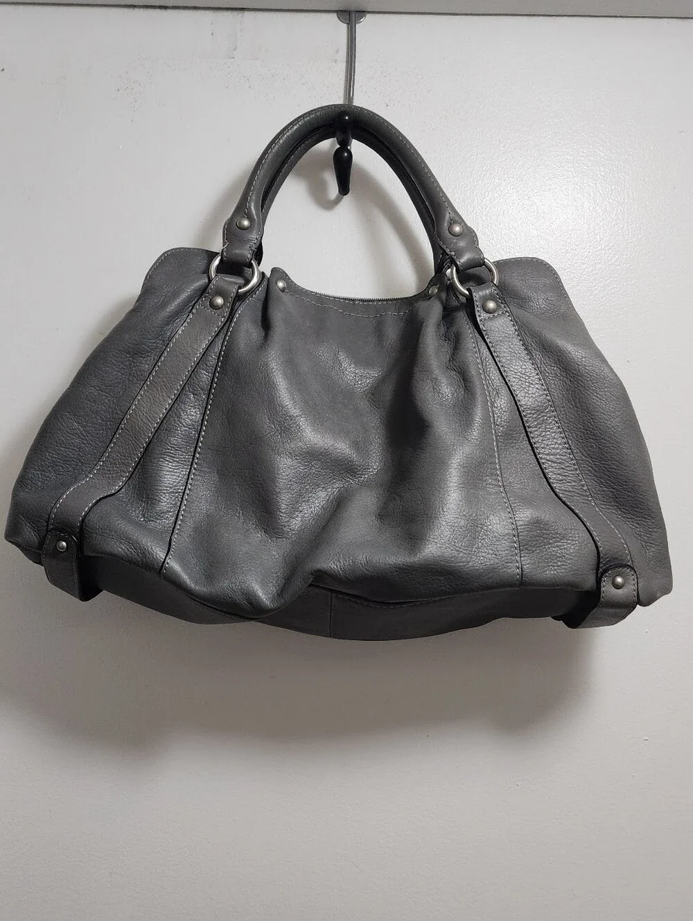 Audrey Brooke Classic Gray Leather Tote Handbag - Women's Everyday Shoulder Bag