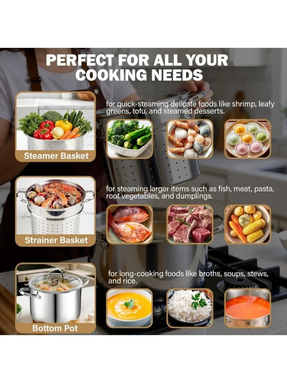 8 Quart Stainless Steel Pasta Pot Set - 4-Piece Stock Pot with Strainer