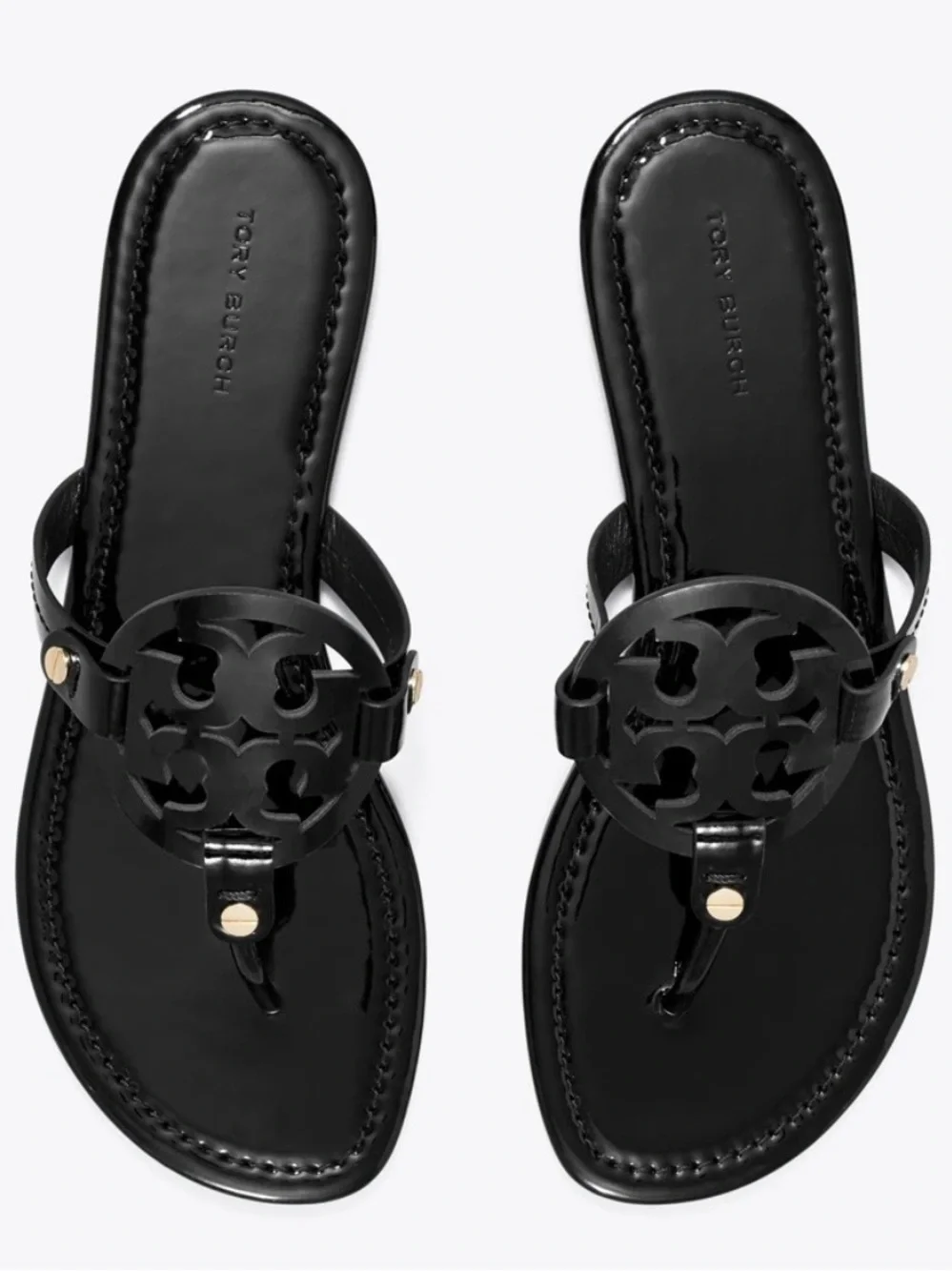 Tory Burch Black Patent Miller Thong Sandal with Gold Accents Size: 7.5