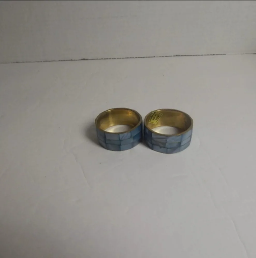 Vintage Set 2 Mother of Pearl Inlay Brass Napkin Rings Shell In Blue Philippines
