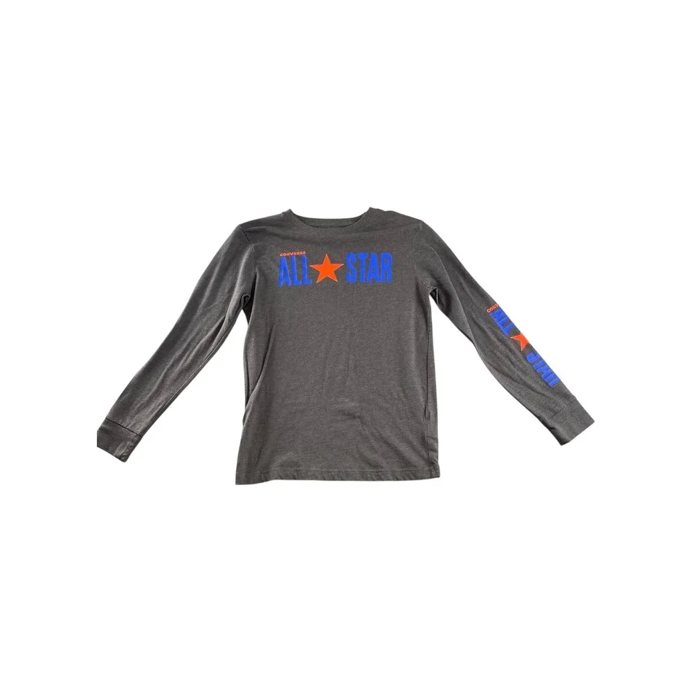 Converse All Star Long‎ Sleeve Graphic T Shirt Gray Blue Kids Youth L 12 13 yrs