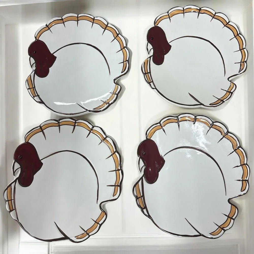 Pottery Barn Gobble Turkey Salad Dessert‎ Plates 4 PC Thanksgiving Fall Harvest