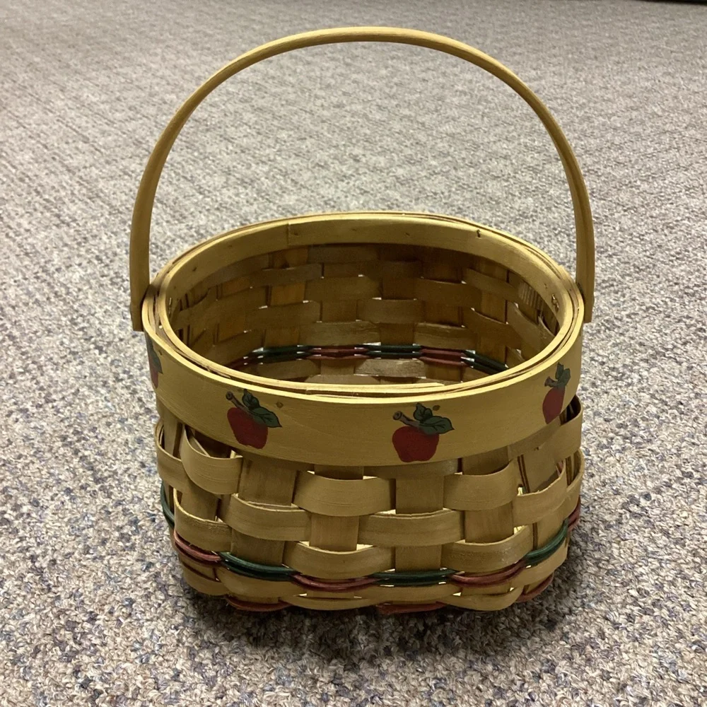 Handwoven Wooden Basket with Apple Design