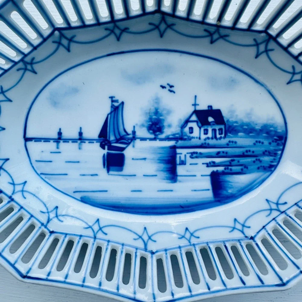 Vintage Carl Schumann Bavaria Reticulated Porcelain Oval Handled Dish c. 1900