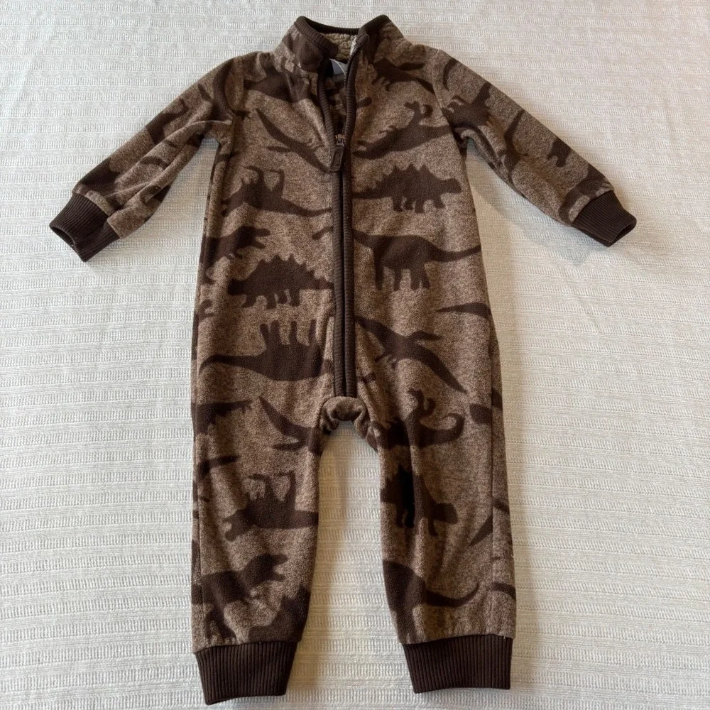 Carters Baby Boys Brown Dinosaur Fleece Jumpsuit 12M One Piece Romper 1J424510