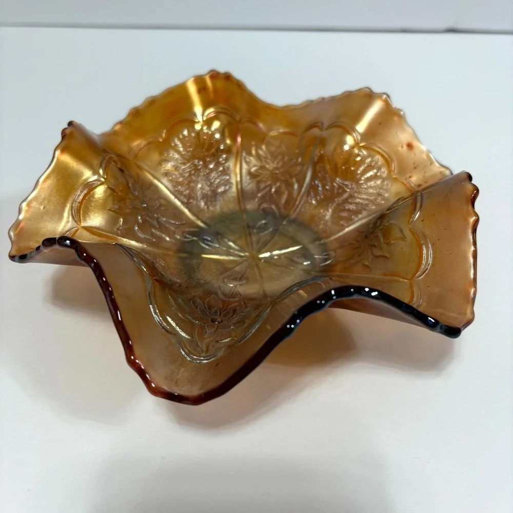 Vintage Marigold Carnival Glass Bowl Ruffle Edge IrIridescent Floral Collectible
