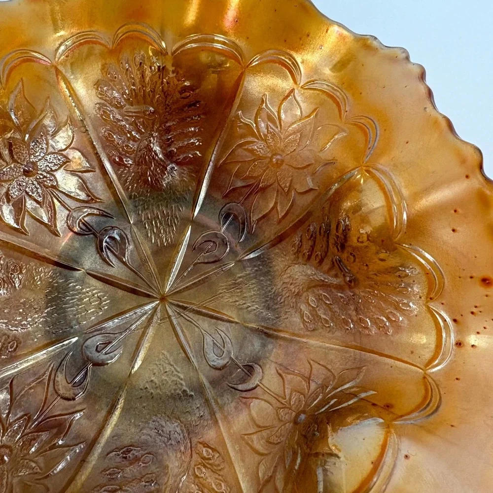 Vintage Marigold Carnival Glass Bowl Ruffle Edge IrIridescent Floral Collectible