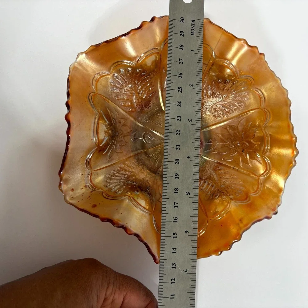 Vintage Marigold Carnival Glass Bowl Ruffle Edge IrIridescent Floral Collectible