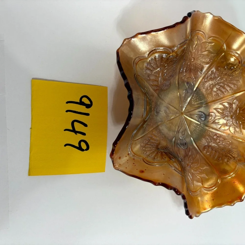 Vintage Marigold Carnival Glass Bowl Ruffle Edge IrIridescent Floral Collectible